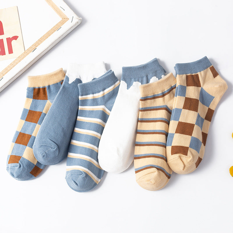 Plaid Sweet Blue Boat Socks Cotton College