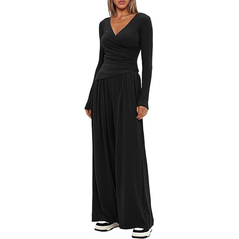 Cross-body Loose Wide-leg Casual Top & Pants Set