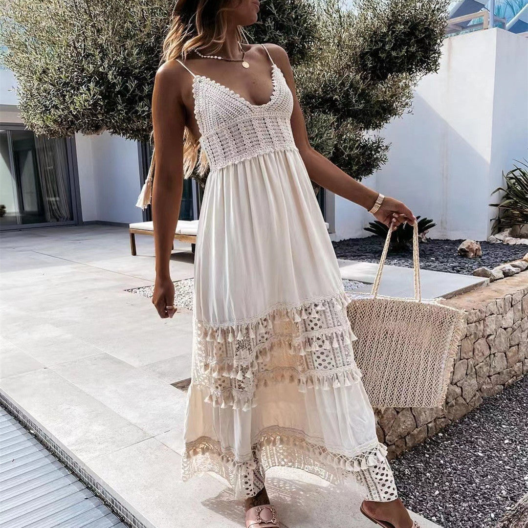 Casual Lace Panel Sleeveless Long Dress