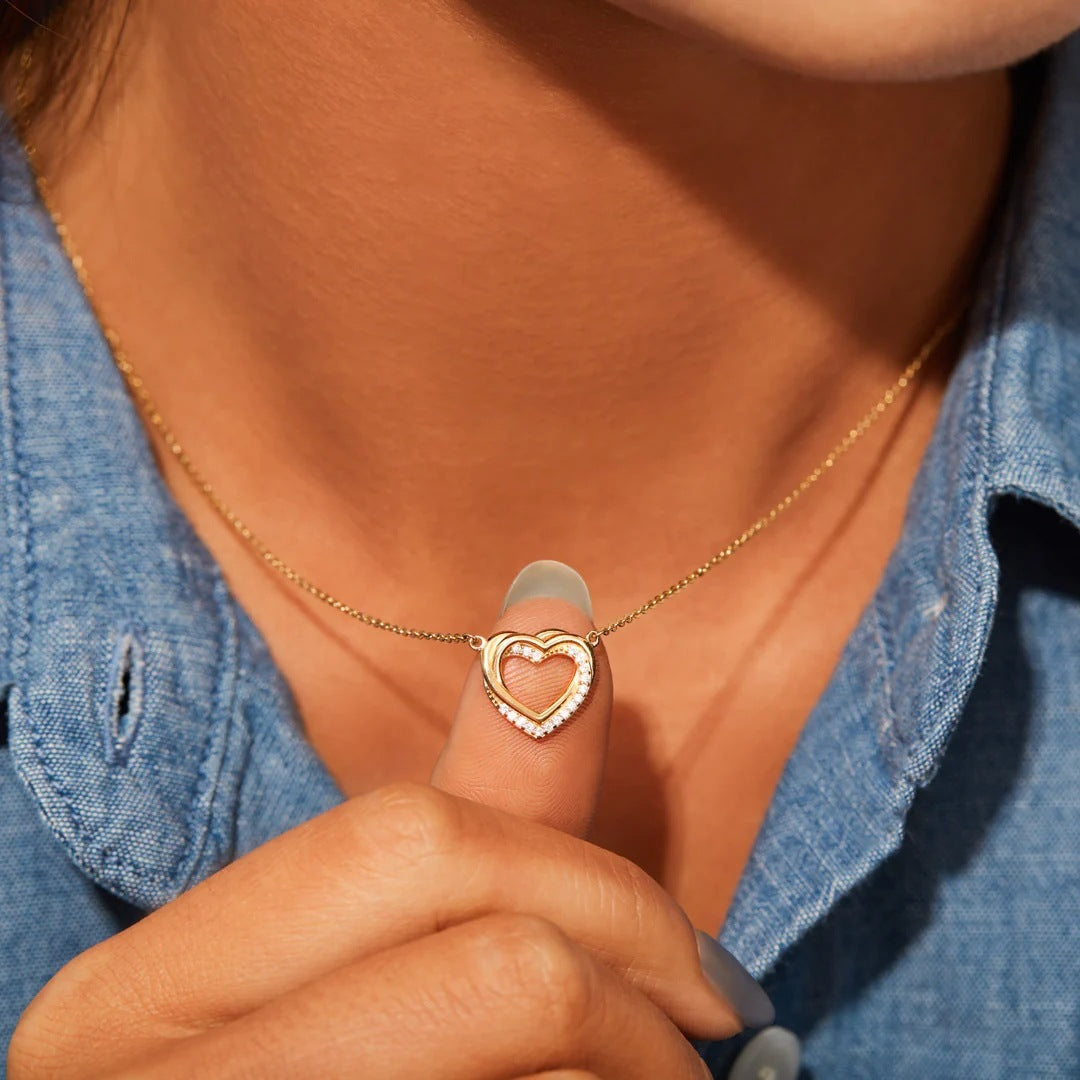 S925 Sterling Silver Overlapping Double Hollow Heart Necklace