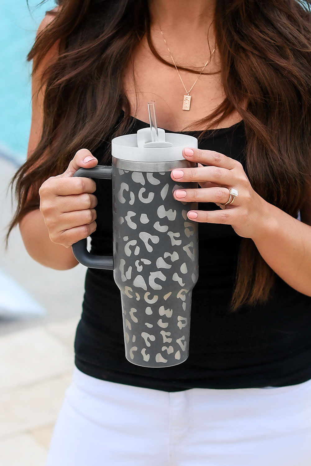 Grey Leopard Print 40OZ Stainless Steel Portable Cup with Handle