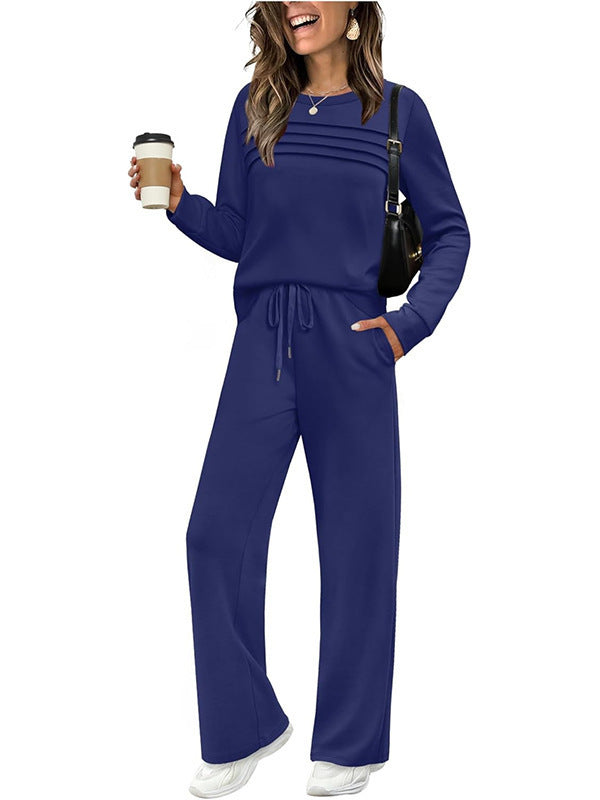 Casual Rib Pattern Top & Wide-leg Pants Set