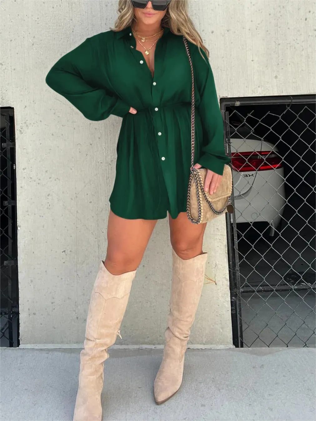 Long Sleeve Shirt Dress with Shorts