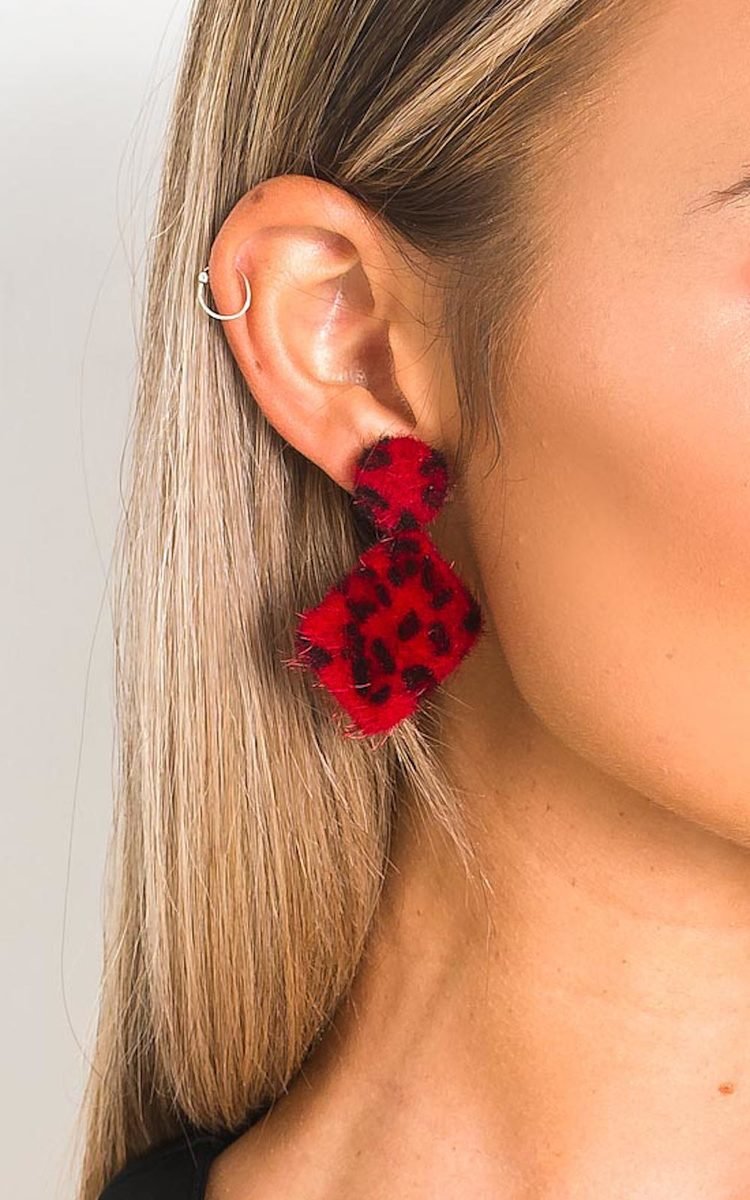 Leopard Print Fuzzy Red Earrings