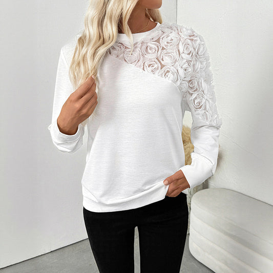 White Rose Three-dimensional Decorative Long Sleeve Top