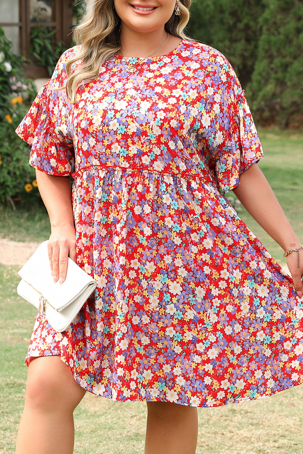 Curve Red Dainty Flower Printed Short Sleeve Shift Dress