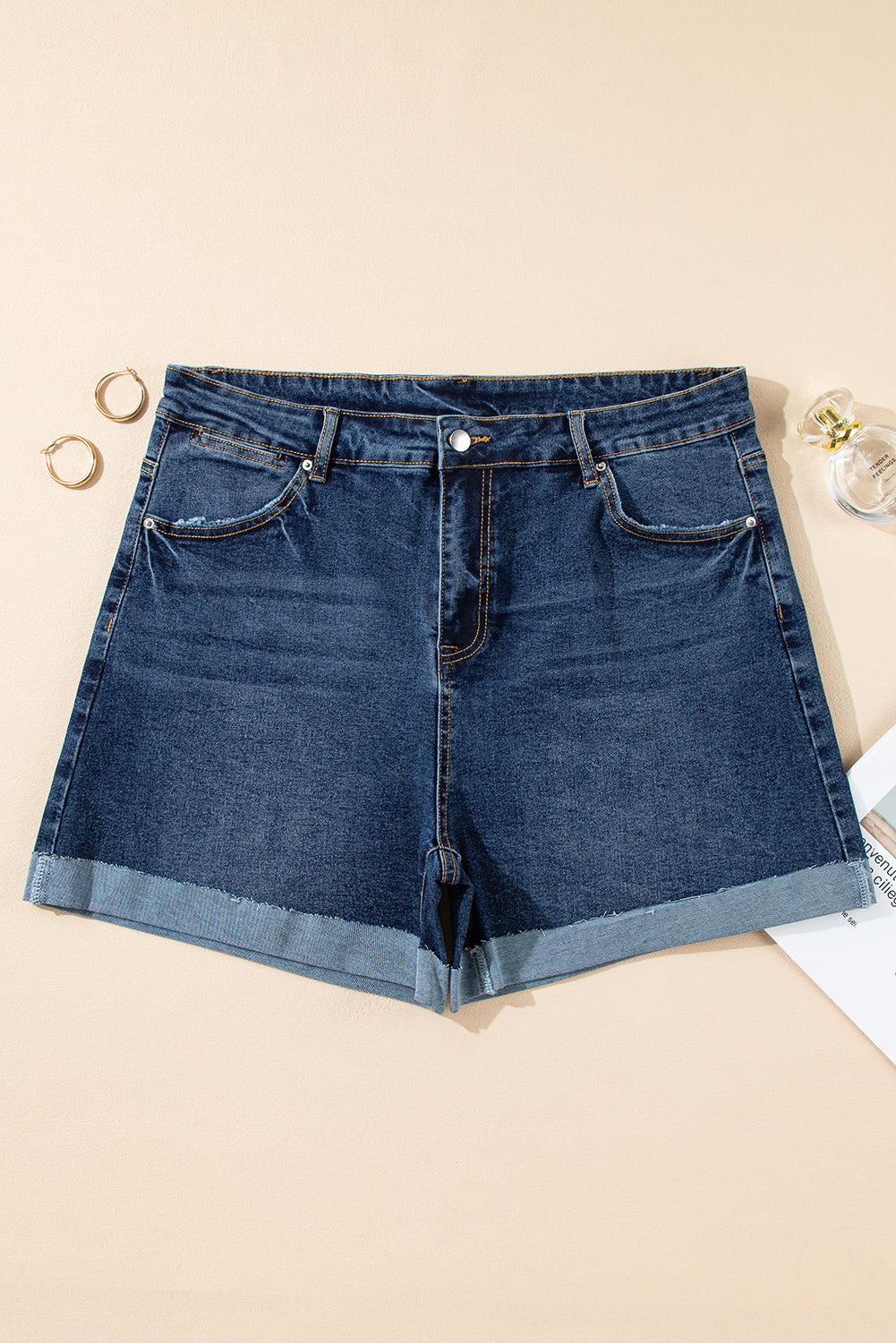 Curve Sail Blue Folded Edge High Waist Denim Shorts