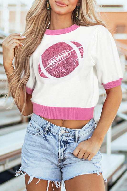 Sequin Rugby Colour Block Puff Short Sleeve Sweater