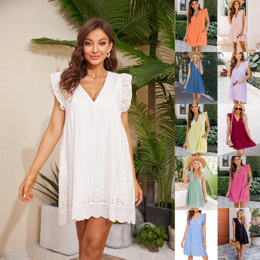 Sleeveless Jacquard Cutout V-Neck Summer Dress with Pockets