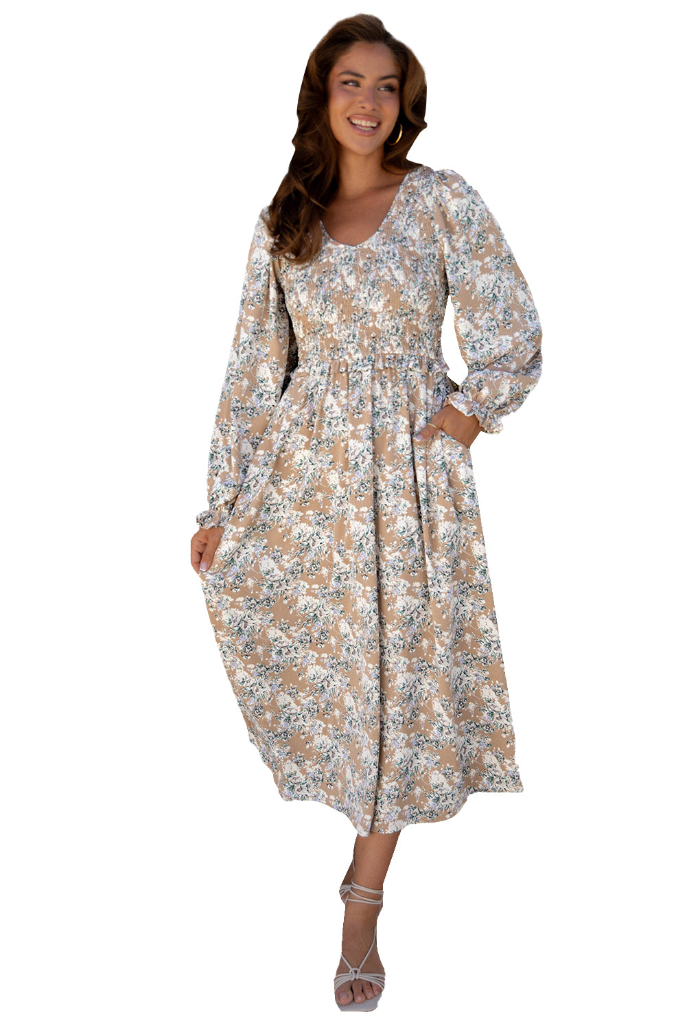 Maple Grove Floral Smocked Puff Sleeve Long Dress