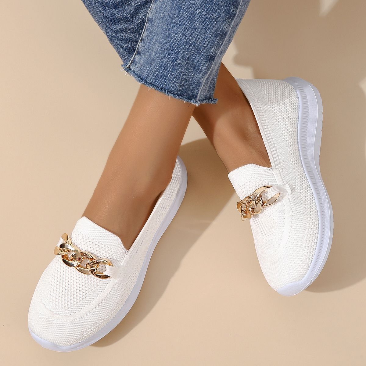 Chain Detail Mesh Breathable Woven Slip-on Trainers