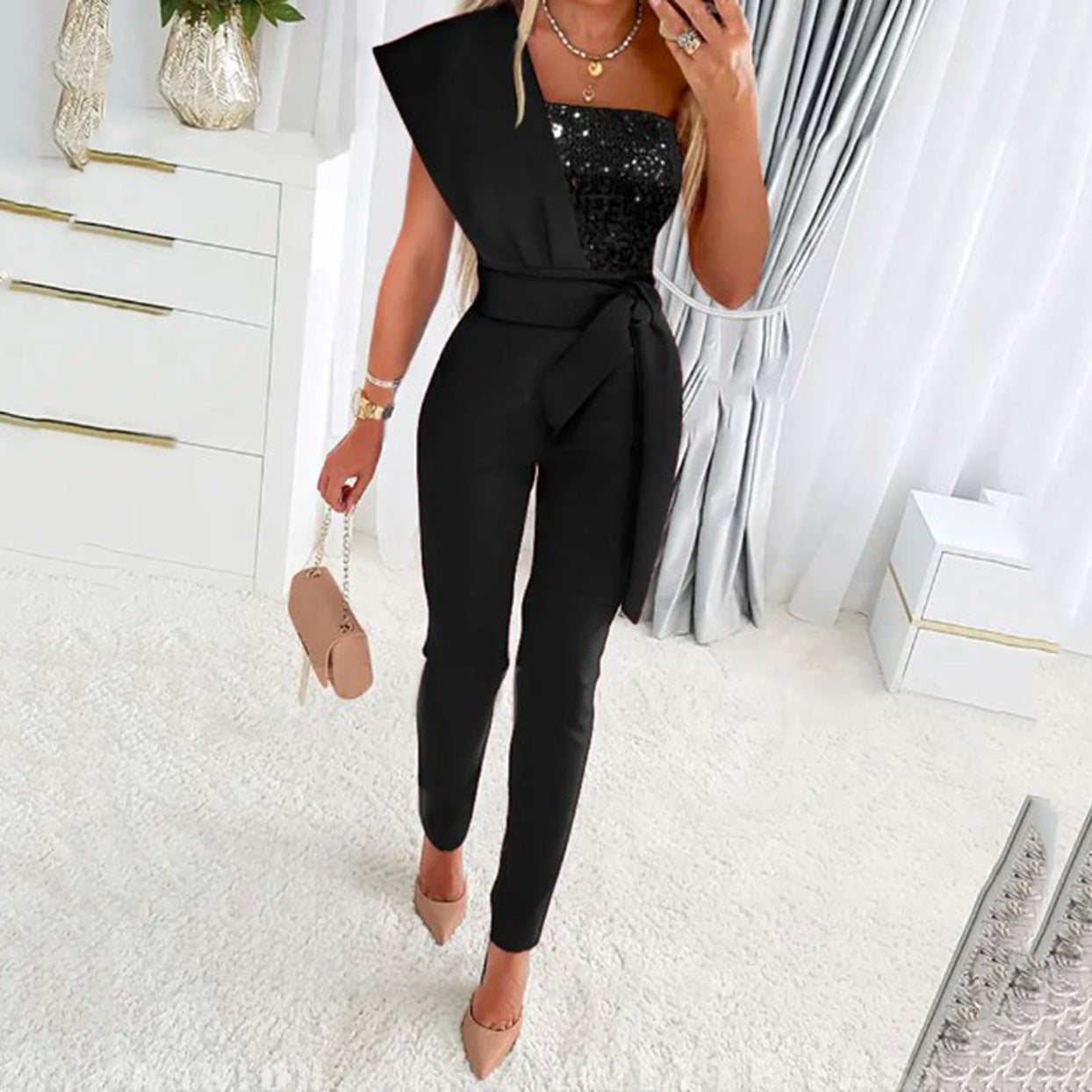 Slim-fitting Sequin Jumpsuit with Sash