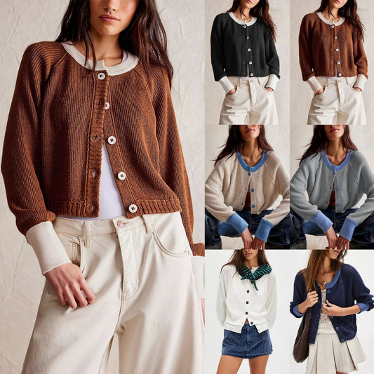 Contrast Colour Round Neck Cardigan