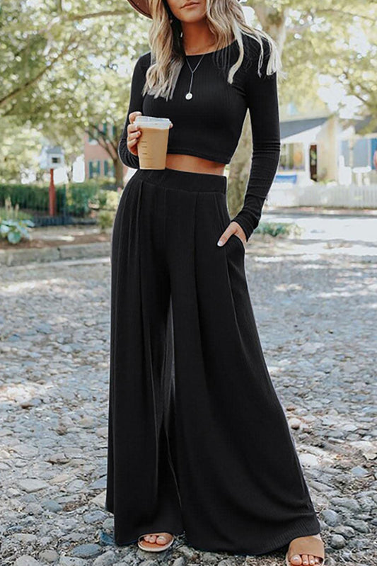 Solid Colour Ribbed Crop Top Long Pants Set