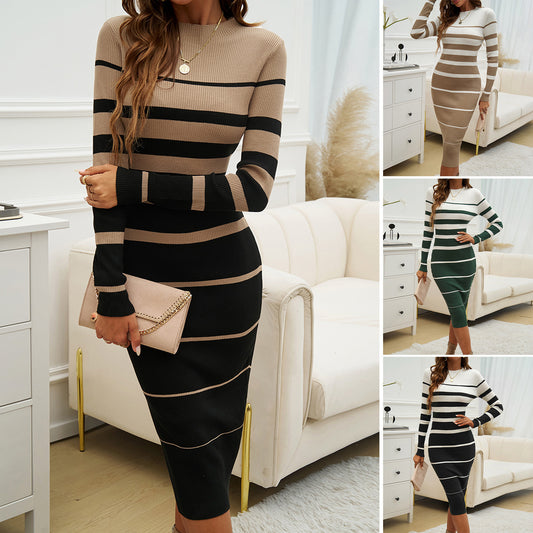 Slim-fit Contrast Colours Long Sleeve Dress