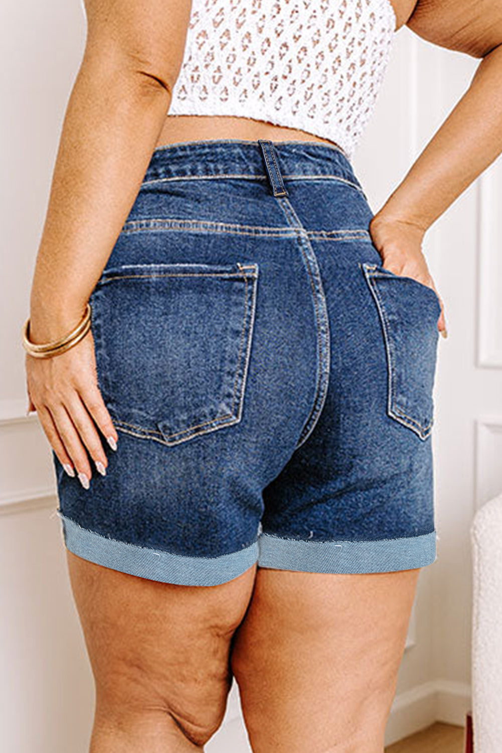 Curve Sail Blue Folded Edge High Waist Denim Shorts