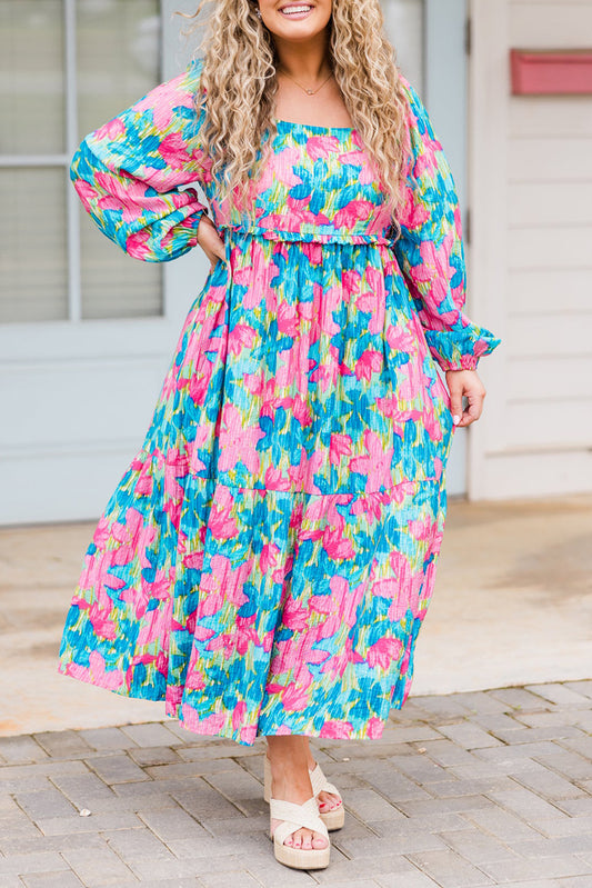 Curve Sky Blue Floral Allover Print Shirred Square Neck Maxi Dress