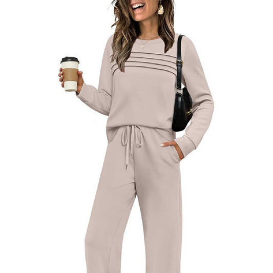 Casual Rib Pattern Top & Wide-leg Pants Set
