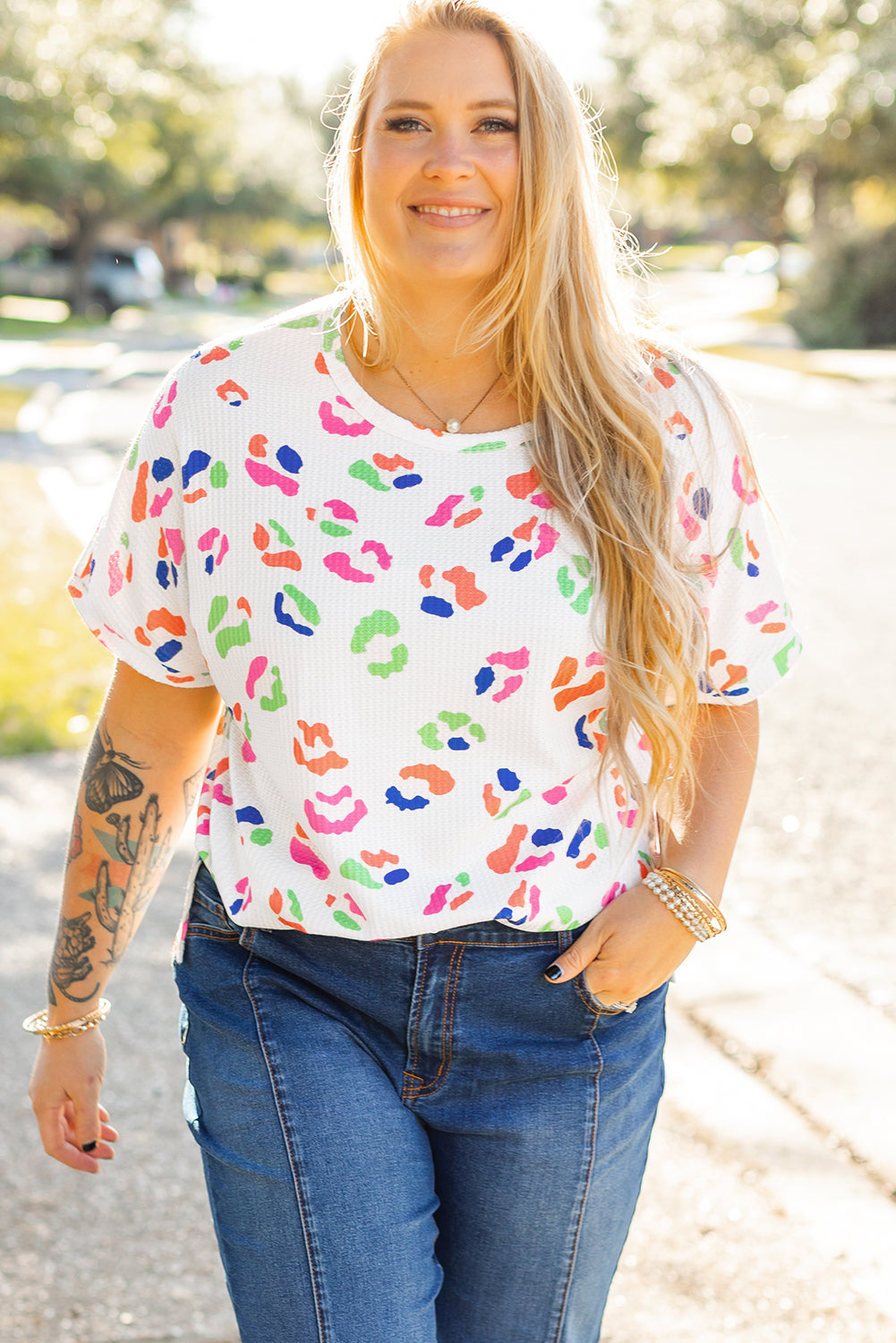 Curve White Multicolor Leopard Print Textured T Shirt