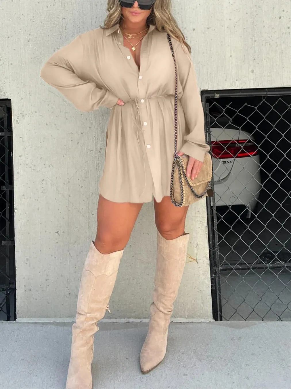 Long Sleeve Shirt Dress with Shorts
