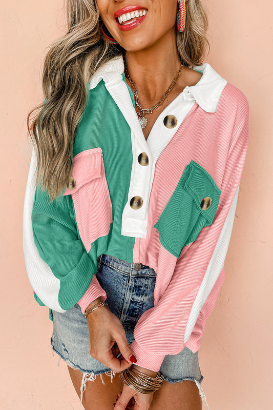 Colourblock Ribbed Collared Oversized Sweatshirt