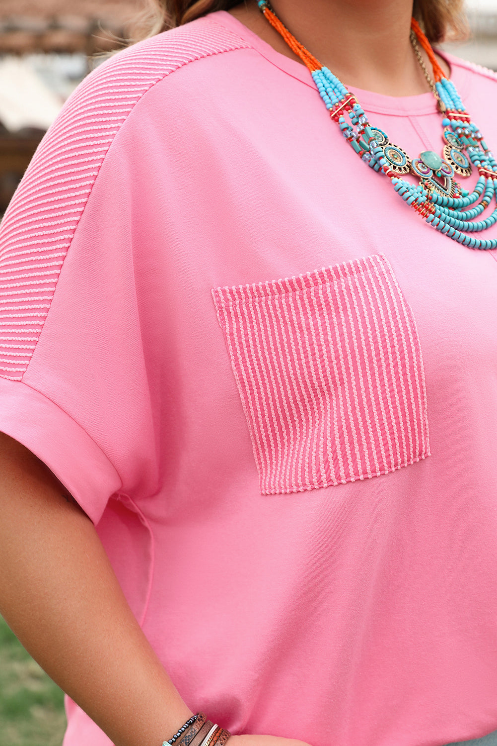 Curve Bonbon Corded Patchwork Pocketed T Shirt