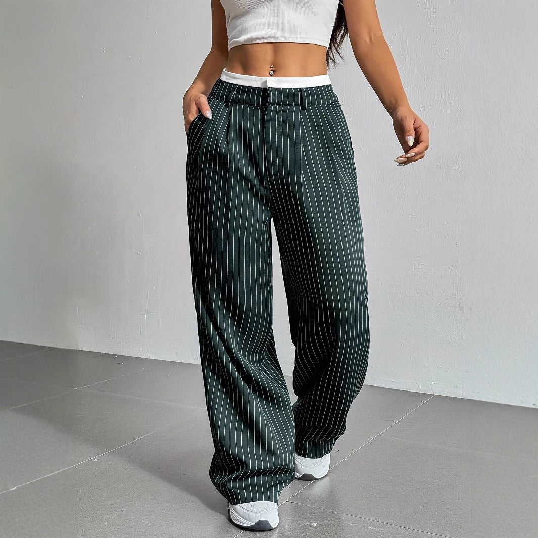 Pinstriped High Waist Straight Leg Trousers