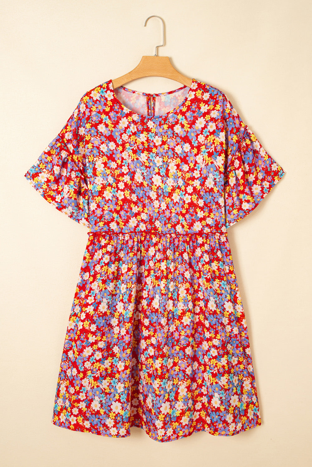 Curve Red Dainty Flower Printed Short Sleeve Shift Dress