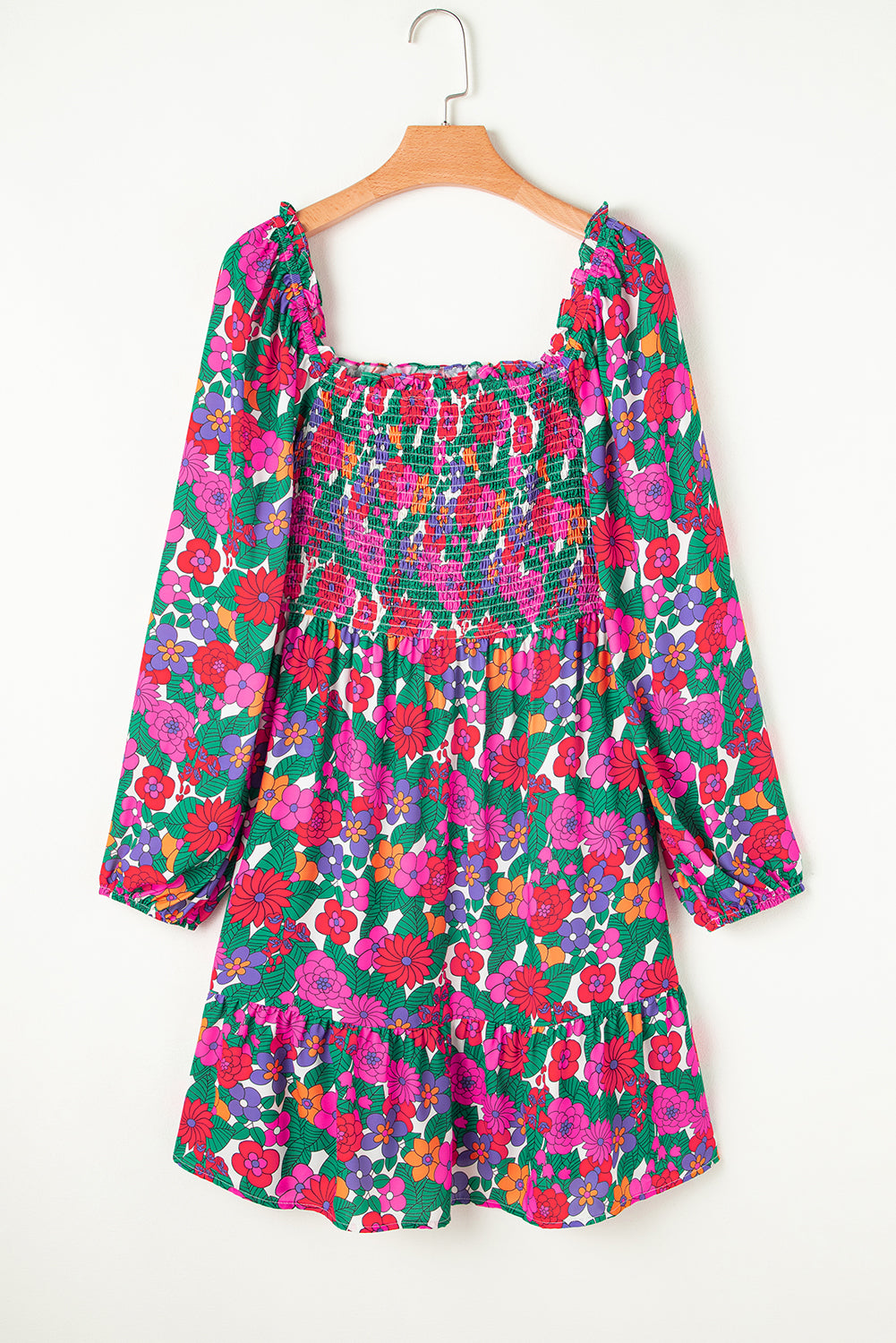 Curve Floral Frilled Square Neck Shirred Long Sleeve Dress