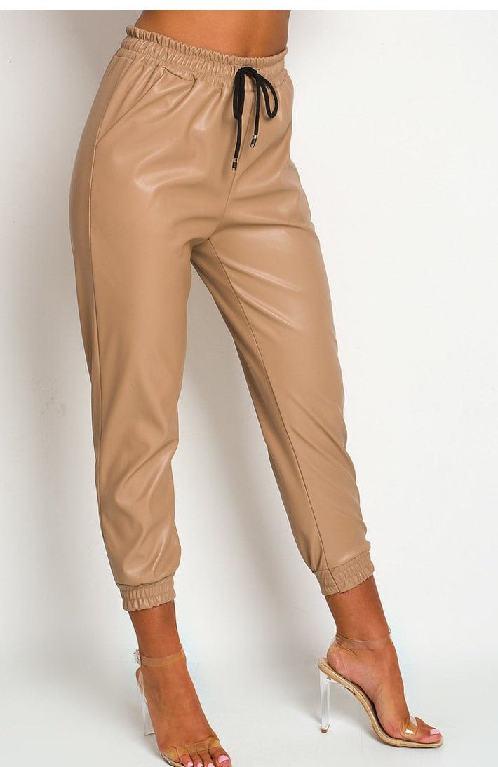 Wet Look PU Faux Leather Look Tie Up Trouser Joggers