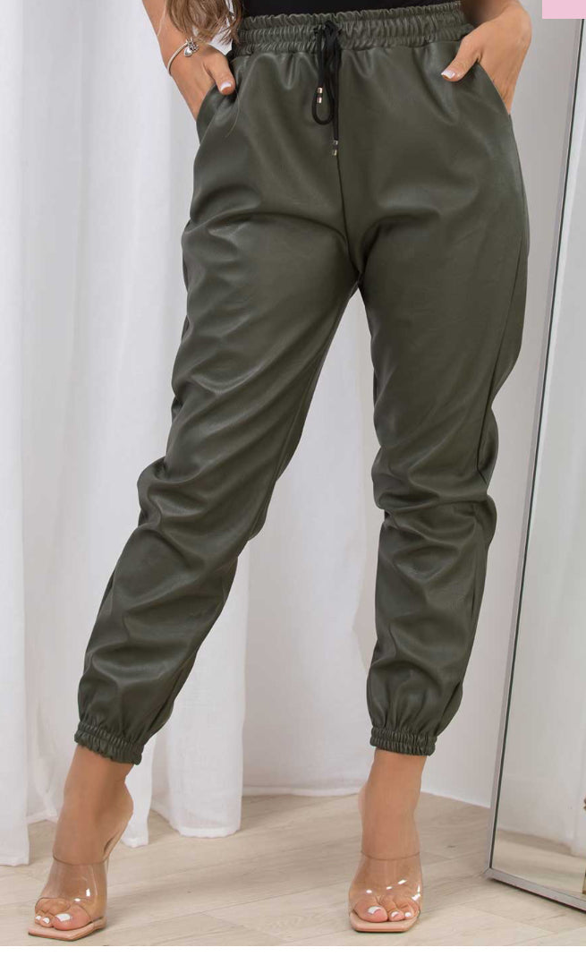 Wet Look PU Faux Leather Look Tie Up Trouser Joggers