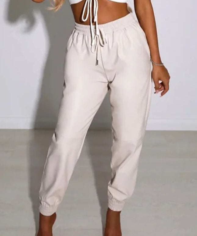 Wet Look PU Faux Leather Look Tie Up Trouser Joggers