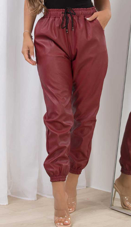 Wet Look PU Faux Leather Look Tie Up Trouser Joggers