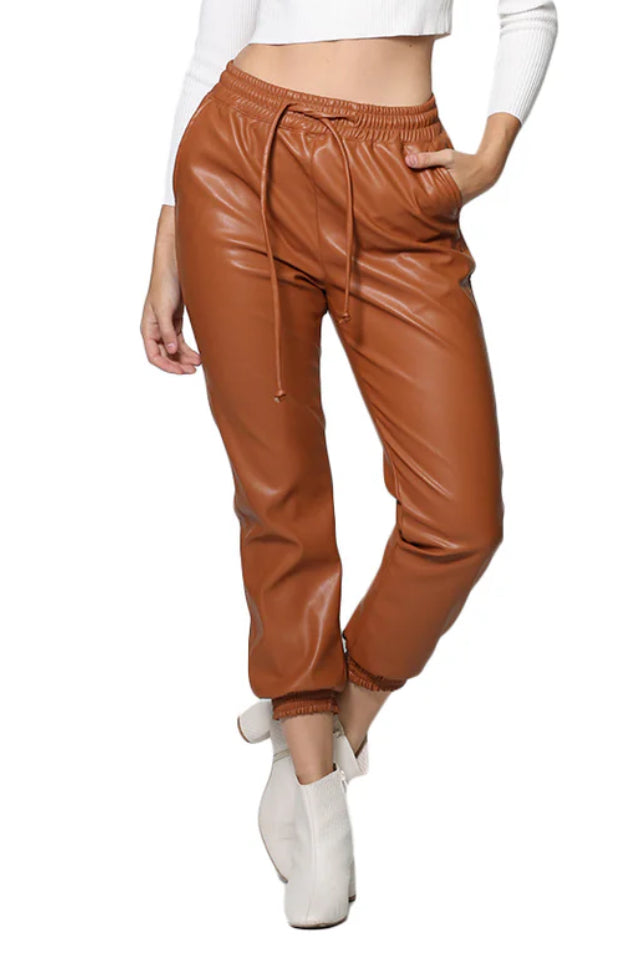 Wet Look PU Faux Leather Look Tie Up Trouser Joggers