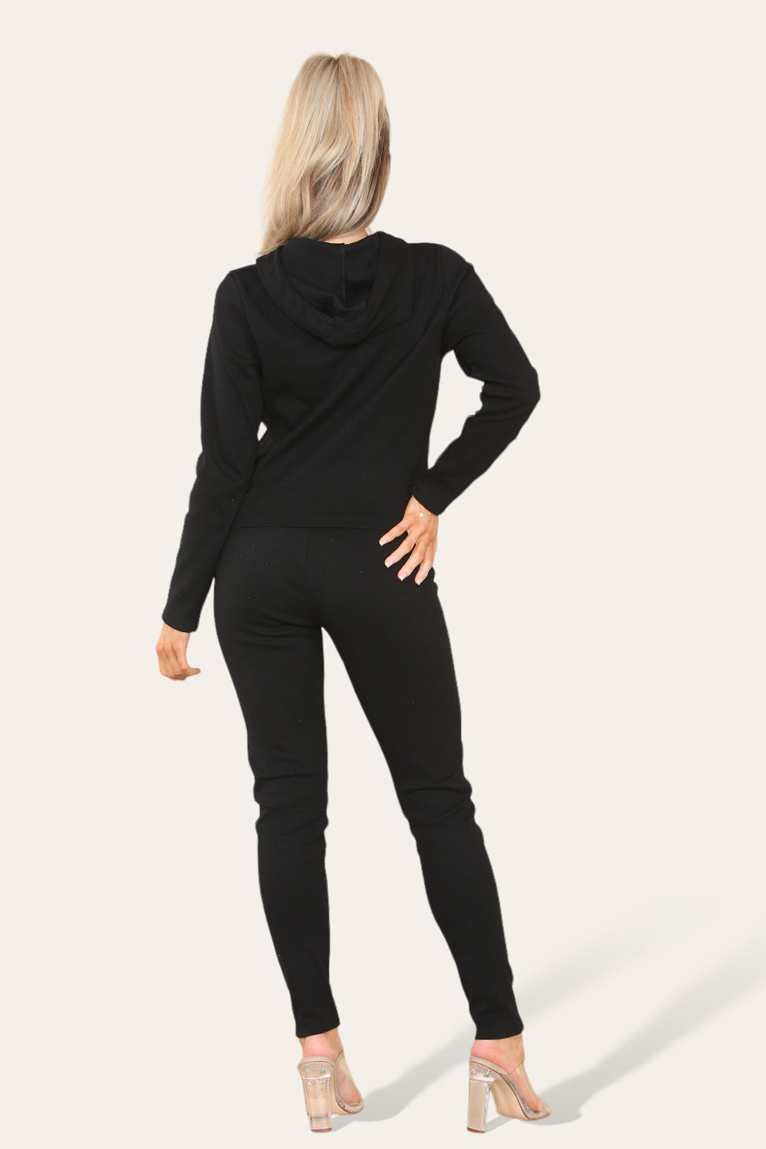 Front Pocket Zip Suit Ribbed Hooded Lounge Wear Set