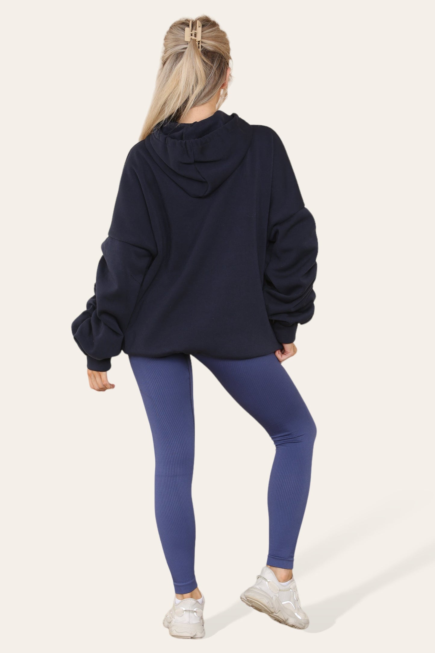 Oversized Ruched Sleeves Hoodie With Satin Ribbon
