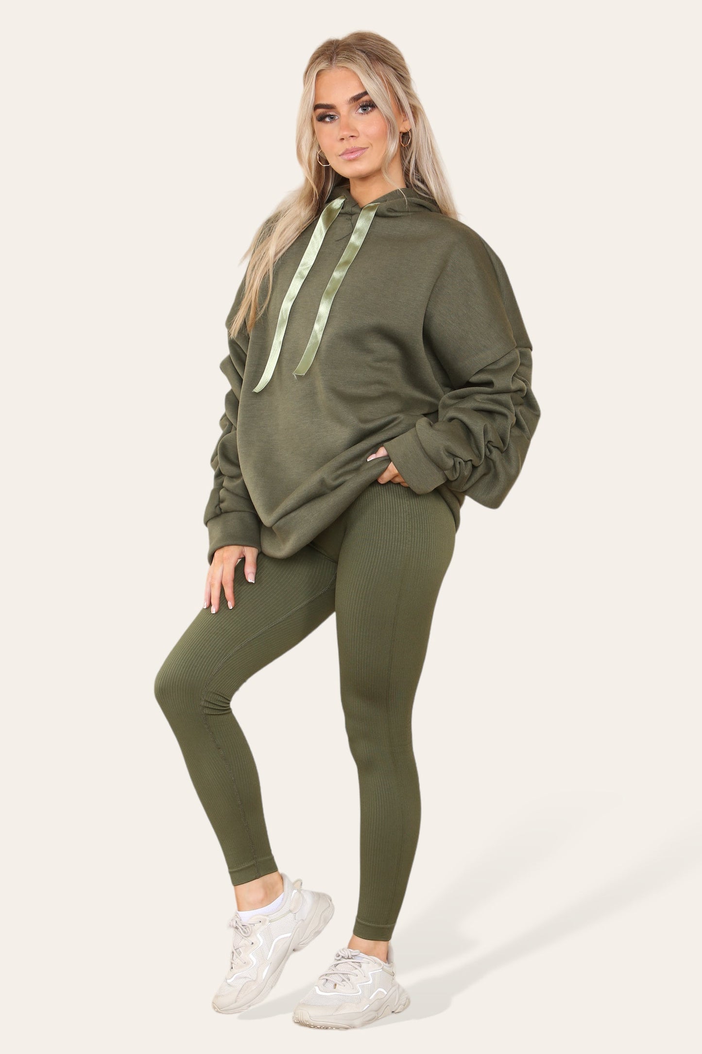 Oversized Ruched Sleeves Hoodie With Satin Ribbon