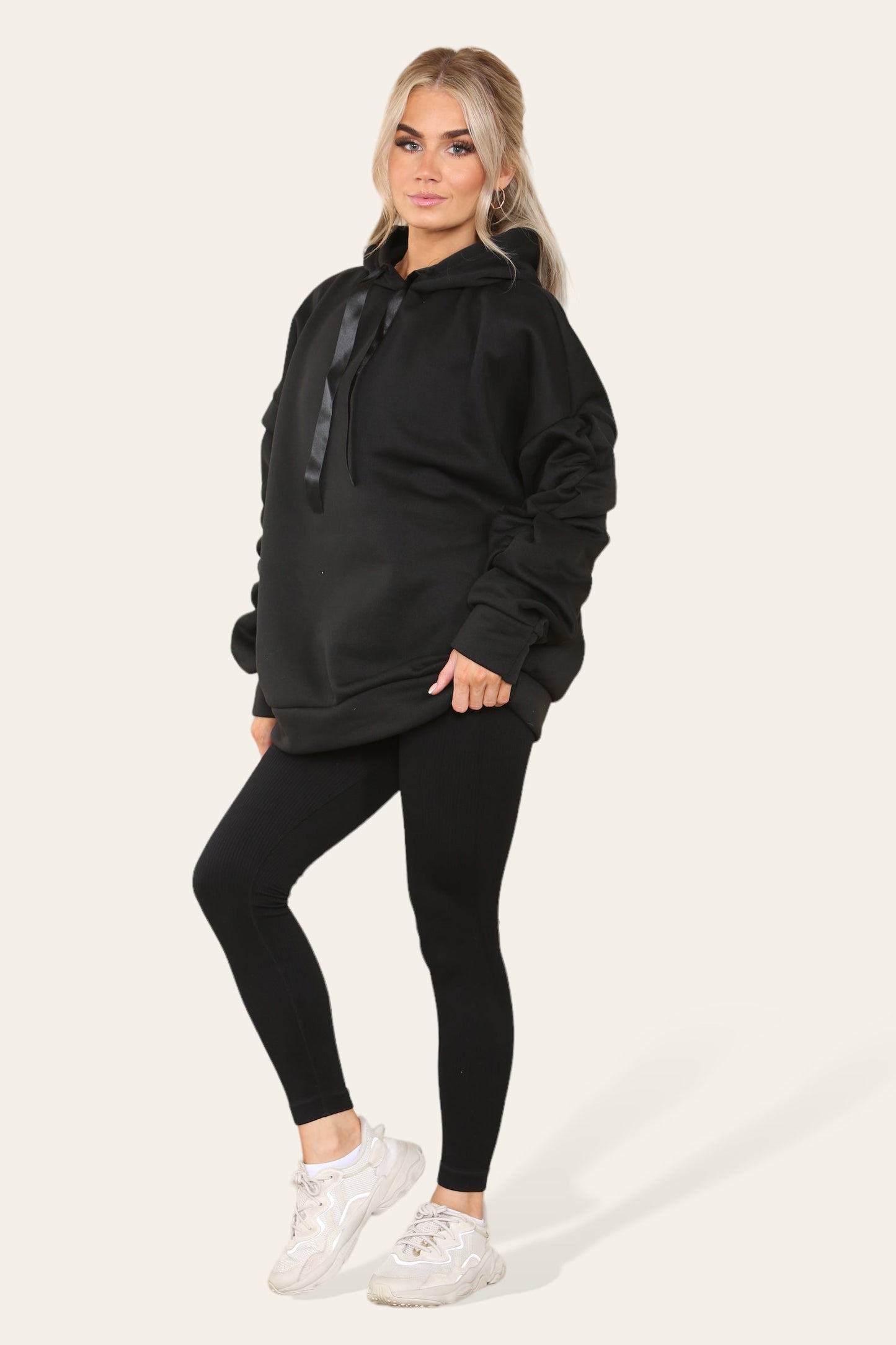 Oversized Ruched Sleeves Hoodie With Satin Ribbon