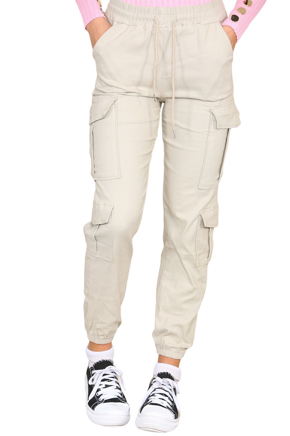 Cargo Pockets Pants Women High Waist Cropped Slim Fit Trouser