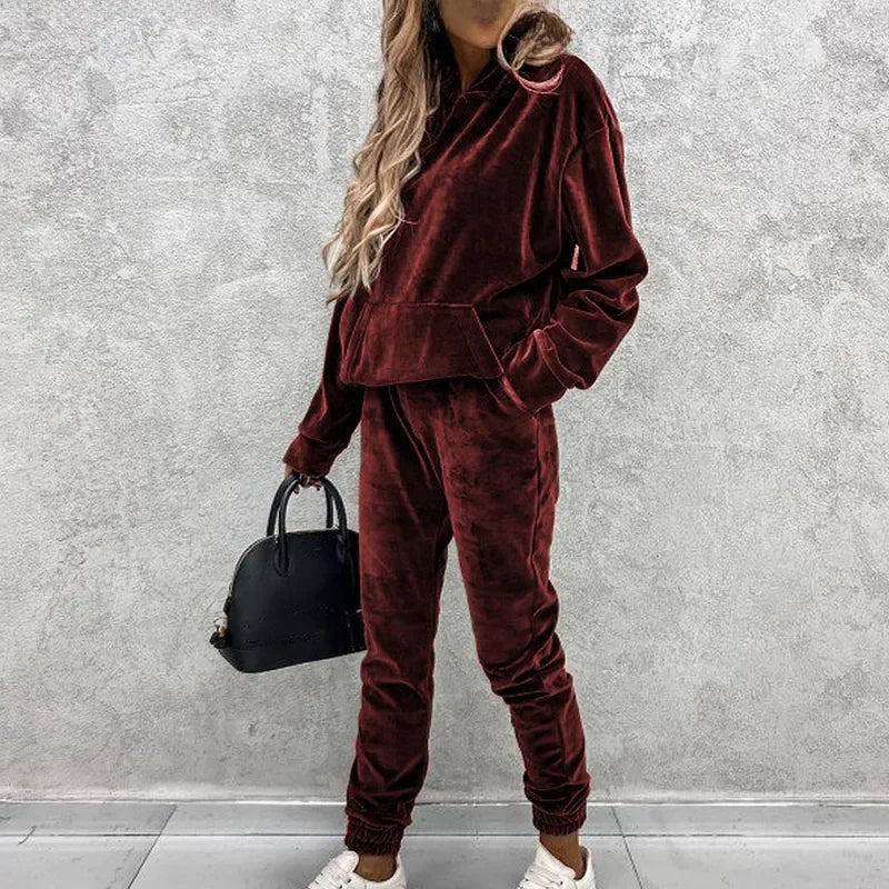 Solid Colour Velour Hoodie & Joggers Set