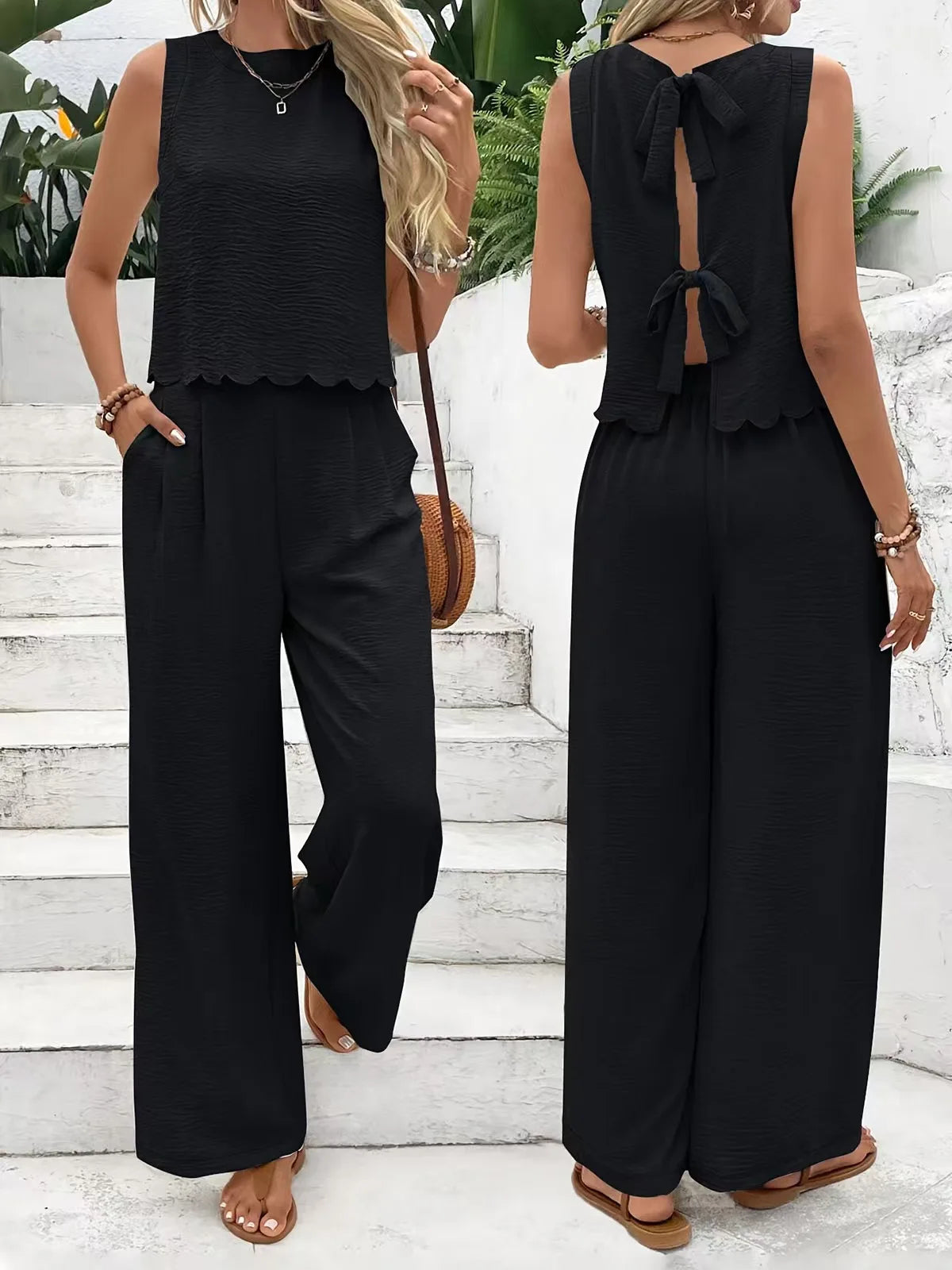 Sleeveless Tie Fashion Top & Trousers Set