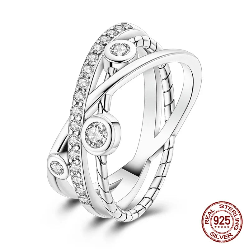 Triple Crossover with Gems Silver Ring