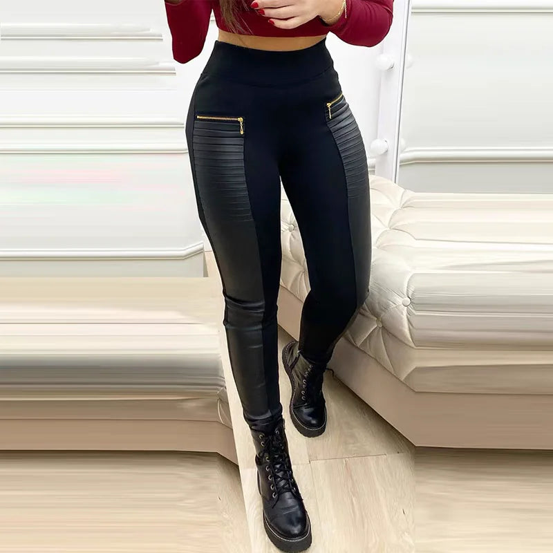 Faux Leather Panel With Zip Leggings