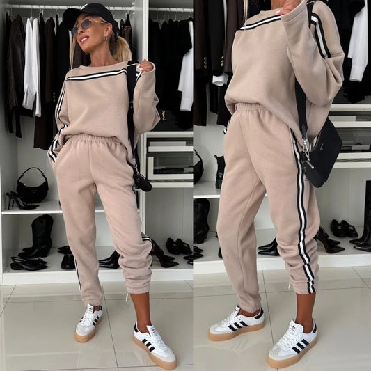 Casual Colour Block with Stripe Sweatshirt & Pants Set