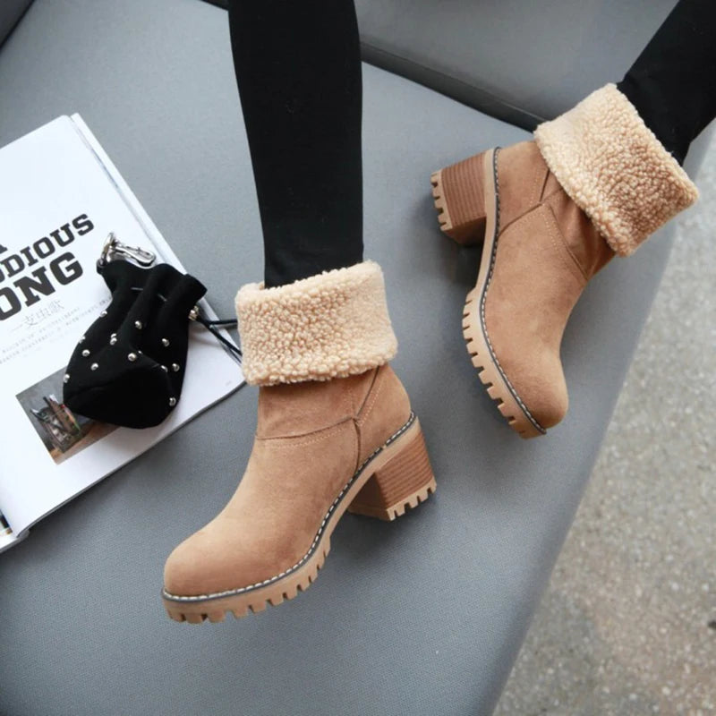 Warm Plush Square Heel Ankle Boots
