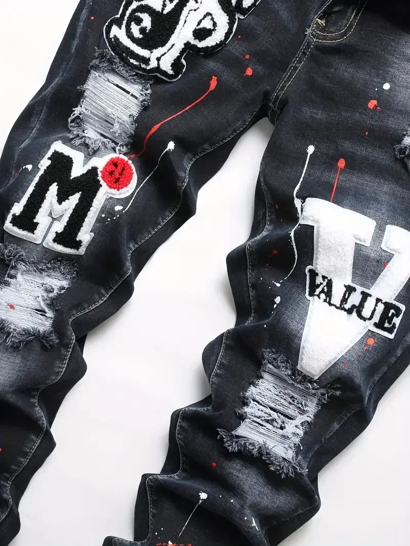 Men’s Stretchy Graffiti Ripped Denim jeans