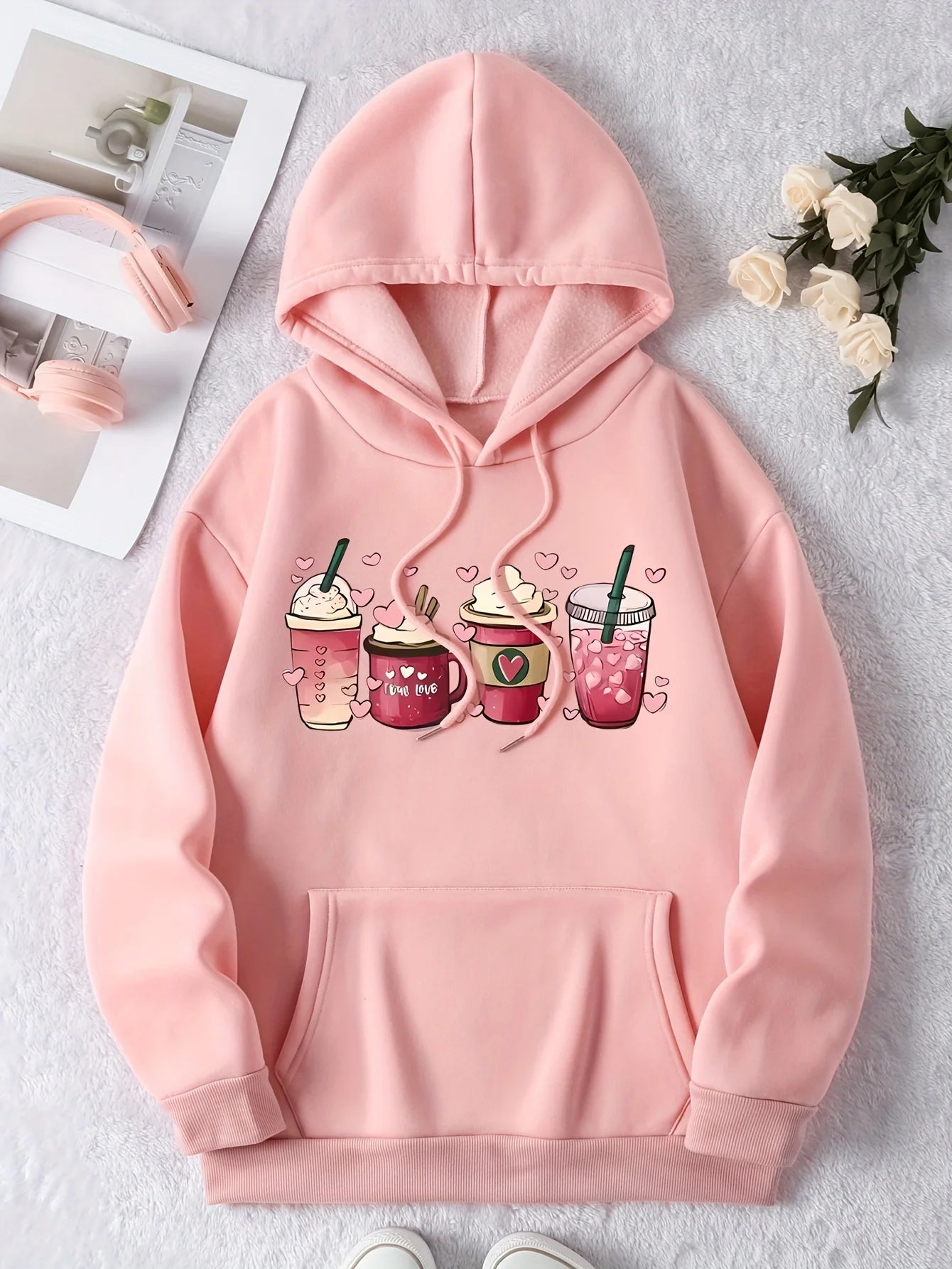 Casual Long Drinks Print Drawstring Hoodie