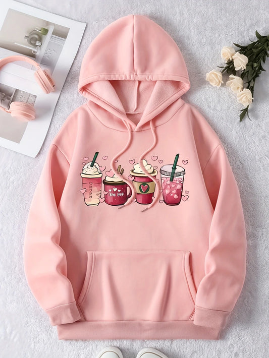 Casual Long Drinks Print Drawstring Hoodie
