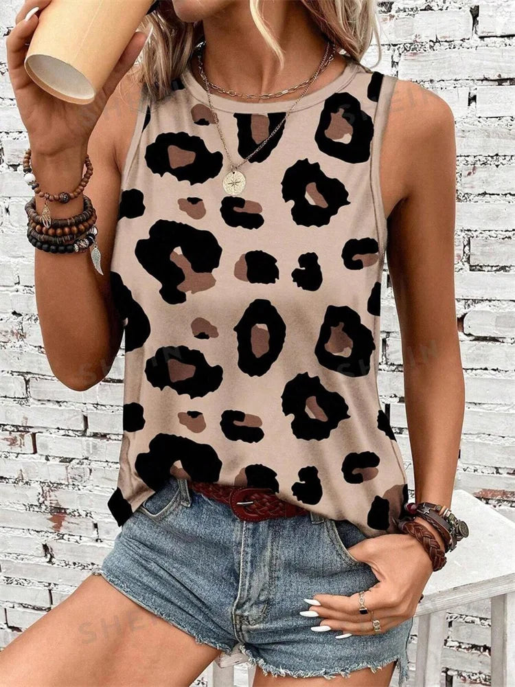 Leopard Print Casual Crew-neck Tank Tops