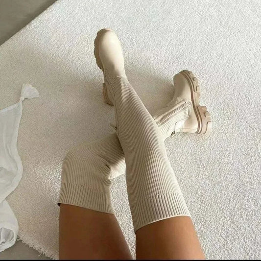 Knee Length Fabric Top Leather Surface Boots